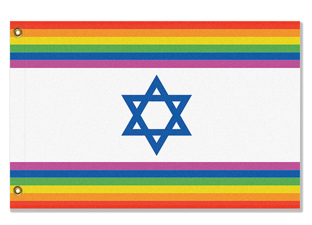 LGBTQ Pride Israeli Flag, Intersectional Jewish Gay Rights LGBTQIA LGBT-High quality, professionally printed polyester flag in your choice of size and style, single or fully double-sided with blackout layer, grommets or pole pocket / sleeve. 2x1ft / 1x2ft, 3x2ft / 2x3ft, 5x3ft / 3x5ft, custom. Fully customizable. Bi Bisexual Jewish Intersectional Pride Flag Rights Equaity Magan Star of David-3 ft x 2 ft-Standard-Grommets-796752938158