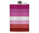 -Lesbian Pride Flask. Brand New 8oz stainless steel flask with easy closure screw cap lid with striped pink and white LGBTQ pride flag artwork on waterproof vinyl that fully wraps around the flask. Measures 5.5" tall and 3.75" wide and holds eight shots. Choice of just the flask, flask & stainless steel funnel or with gift box containing stainless steel funnel & shot glass-