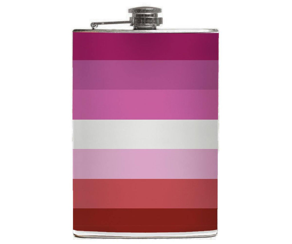 -Lesbian Pride Flask. Brand New 8oz stainless steel flask with easy closure screw cap lid with striped pink and white LGBTQ pride flag artwork on waterproof vinyl that fully wraps around the flask. Measures 5.5" tall and 3.75" wide and holds eight shots. Choice of just the flask, flask & stainless steel funnel or with gift box containing stainless steel funnel & shot glass-Just the Flask-725185480699