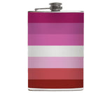 -Lesbian Pride Flask. Brand New 8oz stainless steel flask with easy closure screw cap lid with striped pink and white LGBTQ pride flag artwork on waterproof vinyl that fully wraps around the flask. Measures 5.5" tall and 3.75" wide and holds eight shots. Choice of just the flask, flask & stainless steel funnel or with gift box containing stainless steel funnel & shot glass-Just the Flask-725185480699