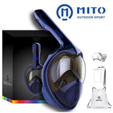 Professional Panoramic Anti-Fog Full Face Snorkeling GoPro Diving Mask-Pro quality hydrodynamic full face snorkeling mask. Anti-fog, 180º panoramic HD view. Two chamber breath apparatus. Improved airflow, easy breathing through mouth & nose. Comfortable food grade, hypoallergenic silicone seals. Dry Top snorkel, submersion auto closure. Auto drain valves. GoPro compatible camera mount. -