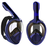 Professional Panoramic Anti-Fog Full Face Snorkeling GoPro Diving Mask-Pro quality hydrodynamic full face snorkeling mask. Anti-fog, 180º panoramic HD view. Two chamber breath apparatus. Improved airflow, easy breathing through mouth & nose. Comfortable food grade, hypoallergenic silicone seals. Dry Top snorkel, submersion auto closure. Auto drain valves. GoPro compatible camera mount. -Deep Blue-S-M-