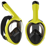 Professional Panoramic Anti-Fog Full Face Snorkeling GoPro Diving Mask-Pro quality hydrodynamic full face snorkeling mask. Anti-fog, 180º panoramic HD view. Two chamber breath apparatus. Improved airflow, easy breathing through mouth & nose. Comfortable food grade, hypoallergenic silicone seals. Dry Top snorkel, submersion auto closure. Auto drain valves. GoPro compatible camera mount. -Lemon Yellow-S-M-