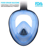 Professional Panoramic Anti-Fog Full Face Snorkeling GoPro Diving Mask-Pro quality hydrodynamic full face snorkeling mask. Anti-fog, 180º panoramic HD view. Two chamber breath apparatus. Improved airflow, easy breathing through mouth & nose. Comfortable food grade, hypoallergenic silicone seals. Dry Top snorkel, submersion auto closure. Auto drain valves. GoPro compatible camera mount. -