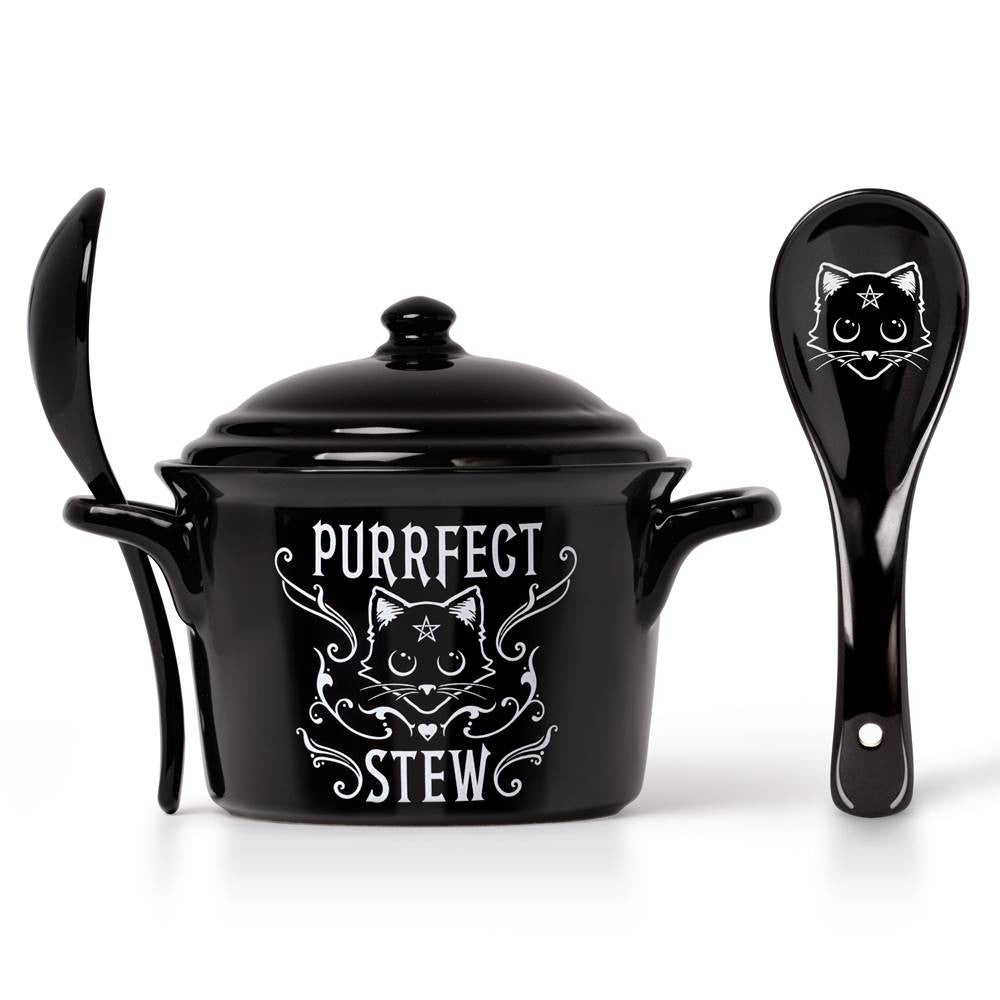 -Alchemy designed cauldron inspired lidded bowl and matching spoon set. Perfect for soups, broths, cereals and serving. Bone China (animal free) Genuine Alchemy Gothic product. Shipped from the USA Cats witch wicca wiccan samhain halloween kitchen gothic home decor winter solstice christmas gift -