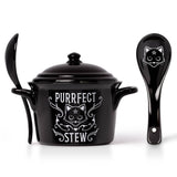 -Alchemy designed cauldron inspired lidded bowl and matching spoon set. Perfect for soups, broths, cereals and serving. Bone China (animal free) Genuine Alchemy Gothic product. Shipped from the USA Cats witch wicca wiccan samhain halloween kitchen gothic home decor winter solstice christmas gift -