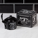 -Alchemy designed cauldron inspired lidded bowl and matching spoon set. Perfect for soups, broths, cereals and serving. Bone China (animal free) Genuine Alchemy Gothic product. Shipped from the USA Cats witch wicca wiccan samhain halloween kitchen gothic home decor winter solstice christmas gift -