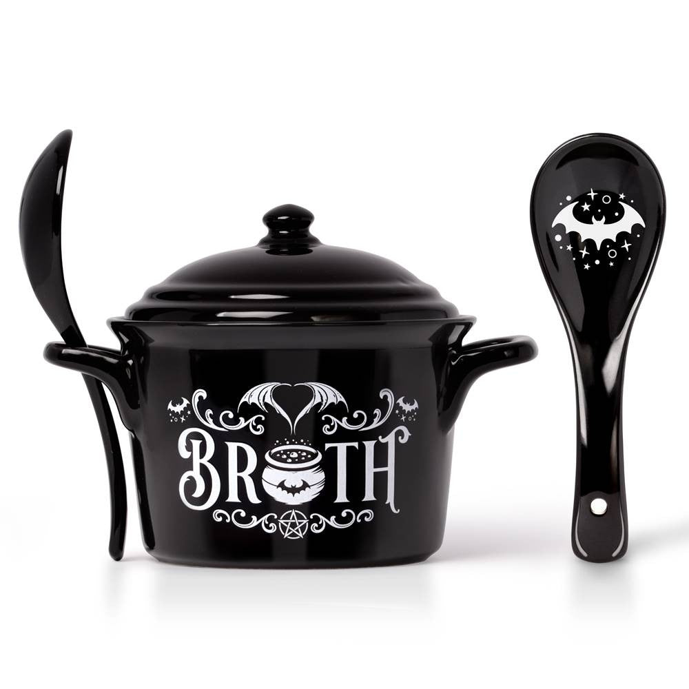 -Alchemy designed cauldron inspired lidded bowl & matching spoon perfect for soups, broths, cereals & serving. Animal-free Bone China. Genuine Alchemy Gothic product. Ships from USA Witches pot for making potions, spells & divine dinners! witch wicca wiccan samhain halloween kitchen kitchen winter solstice gift -