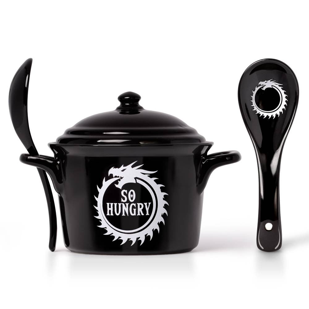 -I'm 'So Hungry' I could eat myself! Alchemy designed ouroboros cauldron inspired lidded bowl & matching spoon perfect for soups, broths, cereals & serving. Animal-free Bone China. Genuine Alchemy Gothic product. Ships from USA viking vikings witch wicca wiccan samhain halloween kitchen kitchen winter solstice gift -