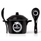 -I'm 'So Hungry' I could eat myself! Alchemy designed ouroboros cauldron inspired lidded bowl & matching spoon perfect for soups, broths, cereals & serving. Animal-free Bone China. Genuine Alchemy Gothic product. Ships from USA viking vikings witch wicca wiccan samhain halloween kitchen kitchen winter solstice gift -