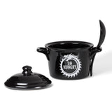 -I'm 'So Hungry' I could eat myself! Alchemy designed ouroboros cauldron inspired lidded bowl & matching spoon perfect for soups, broths, cereals & serving. Animal-free Bone China. Genuine Alchemy Gothic product. Ships from USA viking vikings witch wicca wiccan samhain halloween kitchen kitchen winter solstice gift -