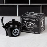 -I'm 'So Hungry' I could eat myself! Alchemy designed ouroboros cauldron inspired lidded bowl & matching spoon perfect for soups, broths, cereals & serving. Animal-free Bone China. Genuine Alchemy Gothic product. Ships from USA viking vikings witch wicca wiccan samhain halloween kitchen kitchen winter solstice gift -