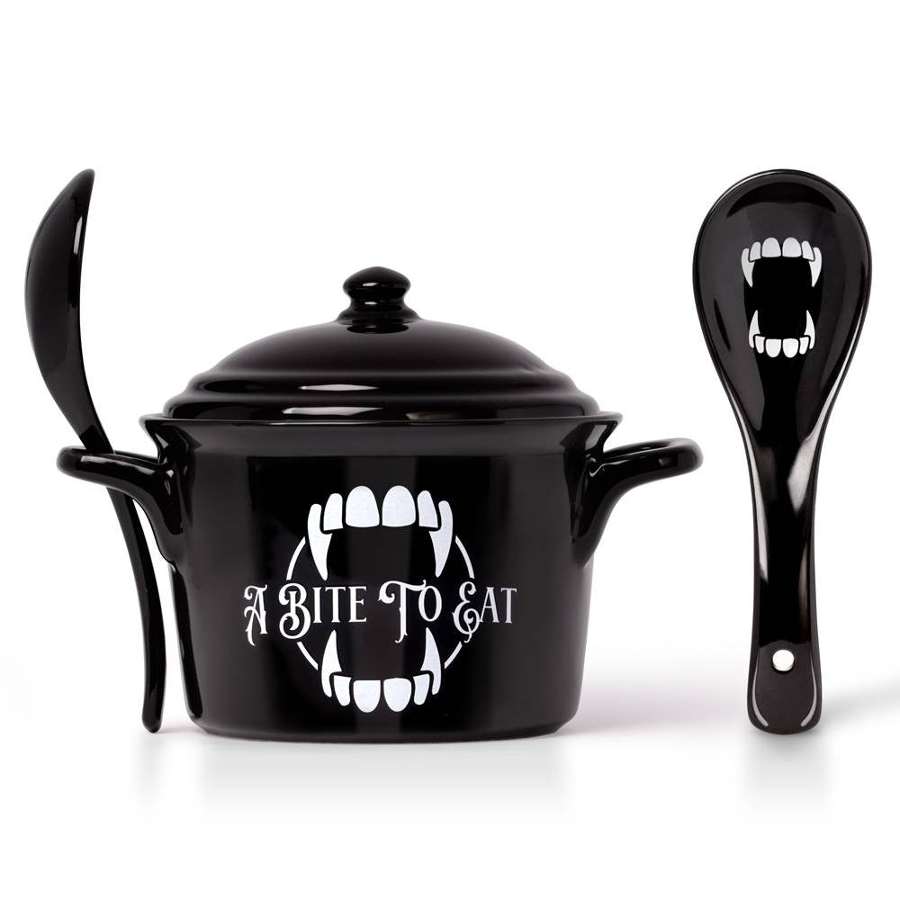 -Fancy 'A bite to Eat' .... Would you dare eat from a vampires pot? Unique Alchemy designed vampire cauldron inspired lidded bowl & matching spoon perfect for soups, broths, cereals & serving. Animal-free Bone China. Genuine Alchemy Gothic product. Ships from USA horror samhain halloween kitchen gothic home decor -