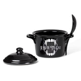 -Fancy 'A bite to Eat' .... Would you dare eat from a vampires pot? Unique Alchemy designed vampire cauldron inspired lidded bowl & matching spoon perfect for soups, broths, cereals & serving. Animal-free Bone China. Genuine Alchemy Gothic product. Ships from USA horror samhain halloween kitchen gothic home decor -