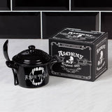 -Fancy 'A bite to Eat' .... Would you dare eat from a vampires pot? Unique Alchemy designed vampire cauldron inspired lidded bowl & matching spoon perfect for soups, broths, cereals & serving. Animal-free Bone China. Genuine Alchemy Gothic product. Ships from USA horror samhain halloween kitchen gothic home decor -