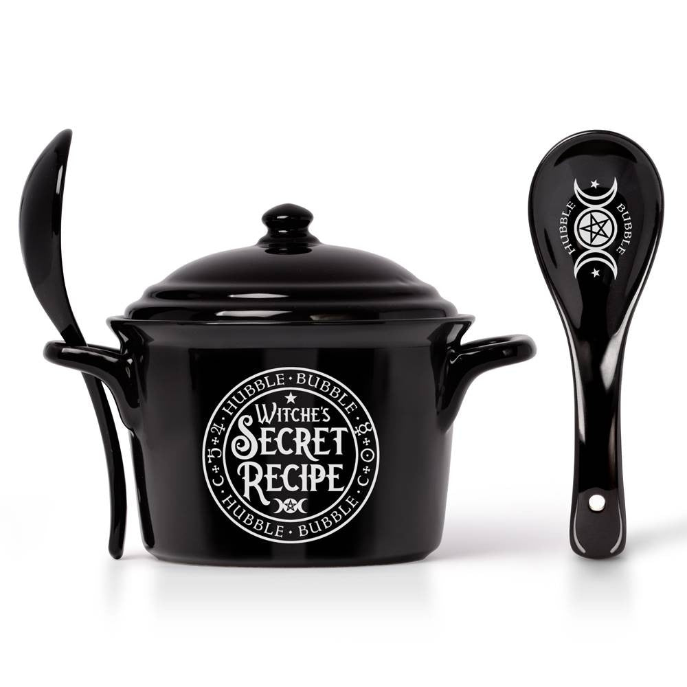 -Alchemy designed cauldron inspired lidded bowl & matching spoon perfect for soups, broths, cereals & serving. Animal-free Bone China. Genuine Alchemy Gothic product. Ships from USA Witches pot for making potions, spells & divine dinners! witch wicca wiccan samhain halloween kitchen kitchen winter solstice gift -