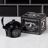 -Alchemy designed cauldron inspired lidded bowl & matching spoon perfect for soups, broths, cereals & serving. Animal-free Bone China. Genuine Alchemy Gothic product. Ships from USA Witches pot for making potions, spells & divine dinners! witch wicca wiccan samhain halloween kitchen kitchen winter solstice gift -