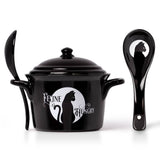 -3 piece Alchemy designed cauldron inspired lidded bowl with full moon and black cat silhouette and matching spoon perfect for soups, broths, cereals and serving. Genuine Alchemy Gothic product. Shipped from the USA Cats witch wicca wiccan samhain halloween kitchen gothic home decor winter solstice christmas gift -
