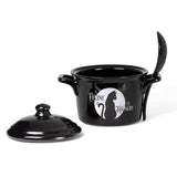 -3 piece Alchemy designed cauldron inspired lidded bowl with full moon and black cat silhouette and matching spoon perfect for soups, broths, cereals and serving. Genuine Alchemy Gothic product. Shipped from the USA Cats witch wicca wiccan samhain halloween kitchen gothic home decor winter solstice christmas gift -