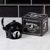 -3 piece Alchemy designed cauldron inspired lidded bowl with full moon and black cat silhouette and matching spoon perfect for soups, broths, cereals and serving. Genuine Alchemy Gothic product. Shipped from the USA Cats witch wicca wiccan samhain halloween kitchen gothic home decor winter solstice christmas gift -