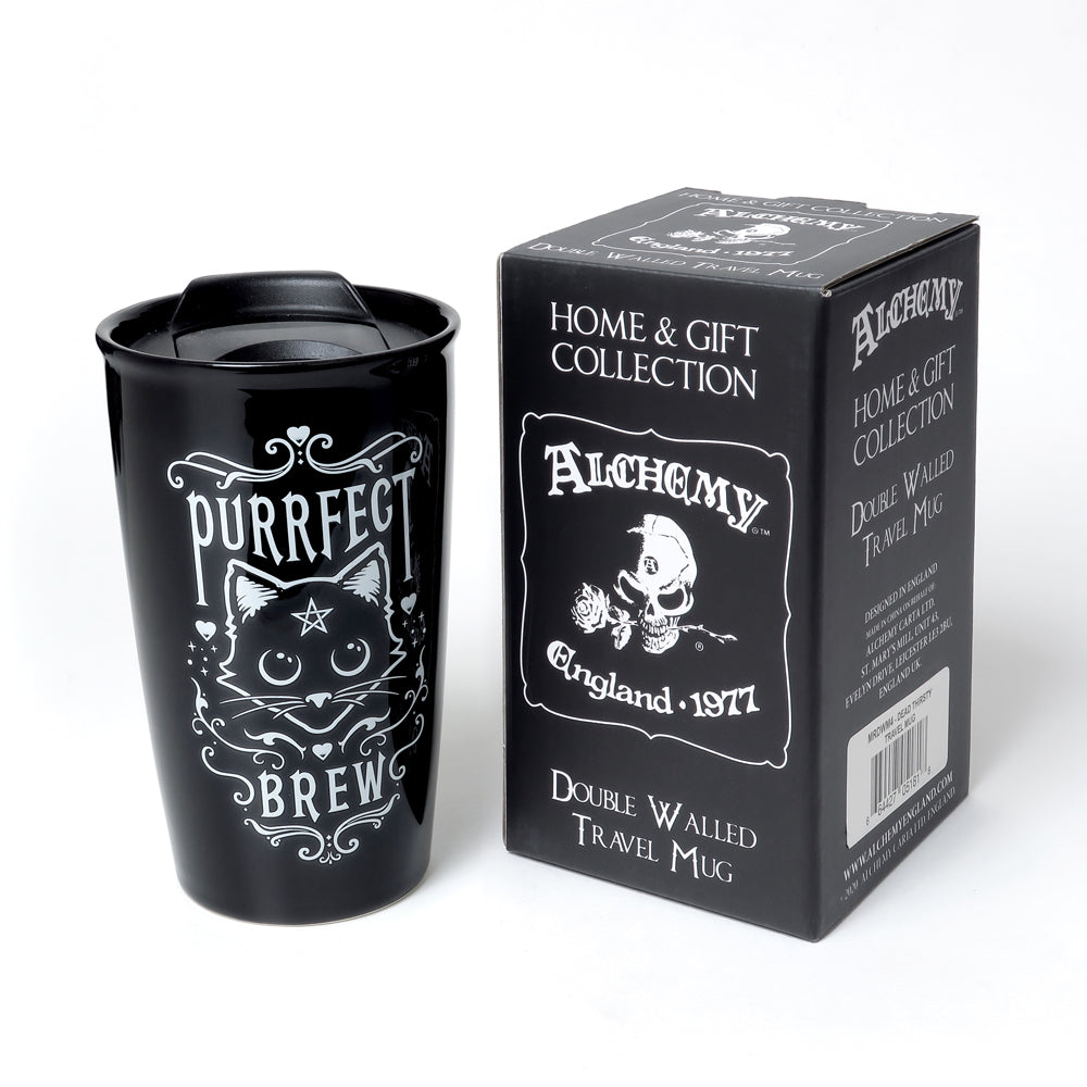 -Brew the perfect cup of coffee? Cuddle up with the cats or take some of that snuggle with you. Durable double-wall insulated 12oz travel mug is made from the highest quality ceramic. Dishwasher safe. Genuine Alchemy Gothic product. Brand new in box. Typically ships in 2-3 business days from within the USA. -
