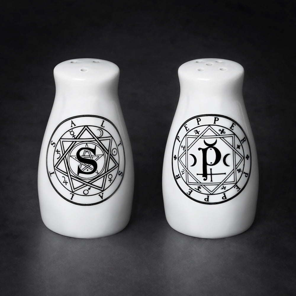 Alchemy Gothic Conjuring Salt and Pepper Shaker Set, Hexagram Shakers-Unique set of ceramic salt and pepper shakers with Key of Solomon style seals / symbols. Each shaker has a diameter of roughly 1.77in and stands 3.35in (8.5cm (3.35 x 4.5cm)) and weighs approximately 5.11oz (145g) Genuine Alchemy Gothic Product. These items typically ship in 1-3 business days from within the US.-