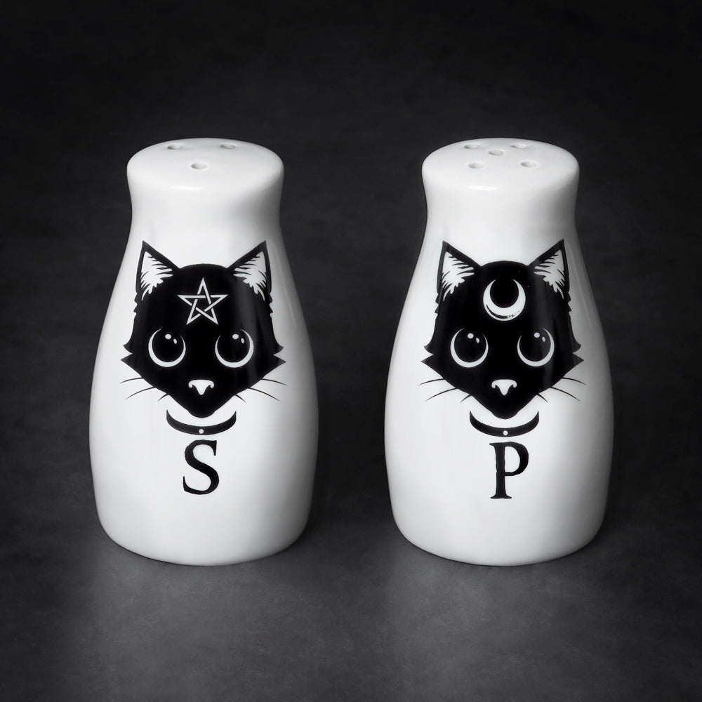 Alchemy Gothic Feline Familiar Black Cat Salt and Pepper Shaker Set-Unique set of ceramic salt and pepper shakers. Each shaker has a diameter of roughly 1.77in and stands 3.35in (8.5cm (3.35 x 4.5cm)) and weighs approximately 5.11oz (145g) Genuine Alchemy Gothic Product. These items typically ship in 1-3 business days from within the US. Great gothic home decor giftware. -