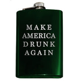 -Funny Anti-Trump MAGA Parody Make America Drunk Again engraved 8oz Stainless Steel hip / pocket flask with easy closure screw cap lid. Measures 5.5" tall and 3.75" wide and holds eight shots.Choice of just the flask, flask & stainless steel funnel or with gift box containing stainless steel funnel & shot glasses. This item is fully customizable. For basic customizati-