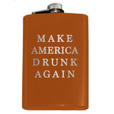 -Funny Anti-Trump MAGA Parody Make America Drunk Again engraved 8oz Stainless Steel hip / pocket flask with easy closure screw cap lid. Measures 5.5" tall and 3.75" wide and holds eight shots.Choice of just the flask, flask & stainless steel funnel or with gift box containing stainless steel funnel & shot glasses. This item is fully customizable. For basic customizati-