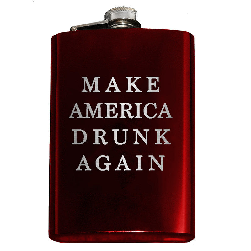 -Funny Anti-Trump MAGA Parody Make America Drunk Again engraved 8oz Stainless Steel hip / pocket flask with easy closure screw cap lid. Measures 5.5" tall and 3.75" wide and holds eight shots.Choice of just the flask, flask & stainless steel funnel or with gift box containing stainless steel funnel & shot glasses. This item is fully customizable. For basic customizati-