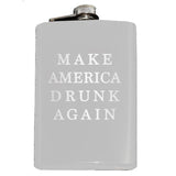-Funny Anti-Trump MAGA Parody Make America Drunk Again engraved 8oz Stainless Steel hip / pocket flask with easy closure screw cap lid. Measures 5.5" tall and 3.75" wide and holds eight shots.Choice of just the flask, flask & stainless steel funnel or with gift box containing stainless steel funnel & shot glasses. This item is fully customizable. For basic customizati-White-Just the Flask-725185481023