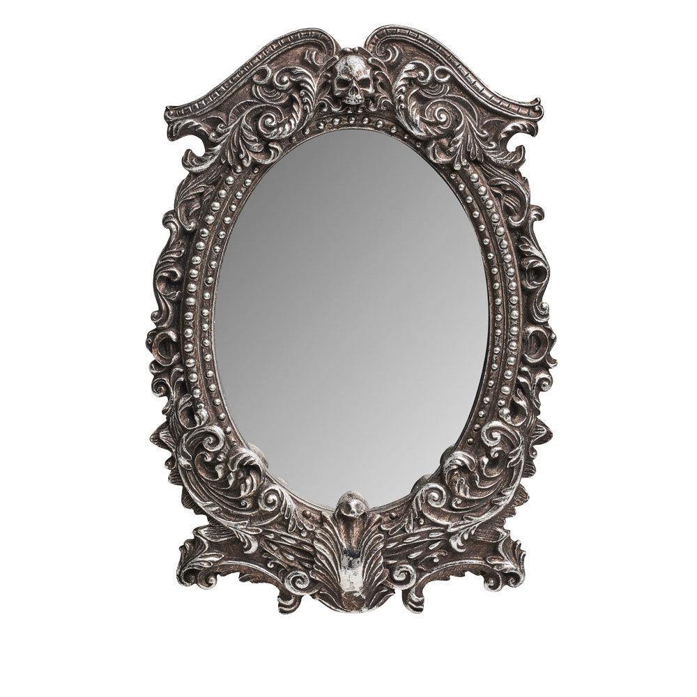 -High quality, ornate 3D sculpted poly resin frame with hand painted antique silver finish and glass mirror. Designed for both standing tabletop / vanity use and wall hanging. 6.57 x 9.25 inches x 0.79 inches. Genuine Alchemy Gothic product, ships from the USA. Masque black rose V54 skull pirate vampire goth baroque-