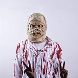 -The reanimated corpse of an unfortunate hospital patient with head bandages still in place. High quality latex over-the-head mask. One size fits most. Free shipping from abroad. Decaying decrepit medical patient zombie mummy bandaged head halloween costume cosplay asylum hospital haunted house larp-