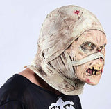 -The reanimated corpse of an unfortunate hospital patient with head bandages still in place. High quality latex over-the-head mask. One size fits most. Free shipping from abroad. Decaying decrepit medical patient zombie mummy bandaged head halloween costume cosplay asylum hospital haunted house larp-