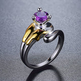 -High quality solitaire ring inspired by the legendary Mewtwo. Handcrafted in .925 Sterling Silver with 18K gold plated accents and set with a purple CZ crystal. This is a high quality ring, not one of the cheap alloy knock-offs. Well crafted and made to last! Brand new in jeweler's ring box. Free Shipping Worldwide.-