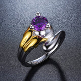 -High quality solitaire ring inspired by the legendary Mewtwo. Handcrafted in .925 Sterling Silver with 18K gold plated accents and set with a purple CZ crystal. This is a high quality ring, not one of the cheap alloy knock-offs. Well crafted and made to last! Brand new in jeweler's ring box. Free Shipping Worldwide.-