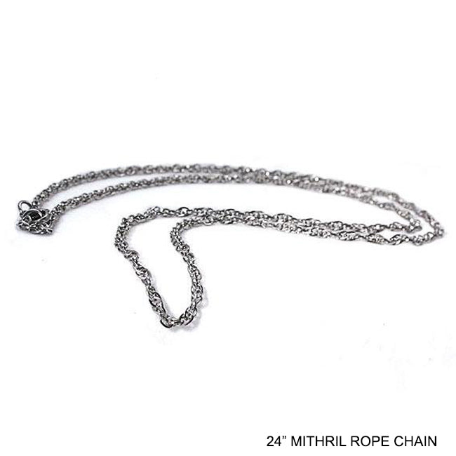 Lord of the Rings MITHRIL Rope Chain, 24in, Officially Licensed LOTR-Mithril, a fictional ore, was the most prized metal in Middle-earth. The Mithril Rope Chain is officially licensed Lord of the Rings replica jewelry made in the USA. These 24" chains are skillfully crafted in gleaming titanium, the closest Earthly metal to Mithril. Brand new in pouch with card of authenticity.-