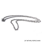 Lord of the Rings MITHRIL Rope Chain, 24in, Officially Licensed LOTR-Mithril, a fictional ore, was the most prized metal in Middle-earth. The Mithril Rope Chain is officially licensed Lord of the Rings replica jewelry made in the USA. These 24" chains are skillfully crafted in gleaming titanium, the closest Earthly metal to Mithril. Brand new in pouch with card of authenticity.-