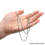 Lord of the Rings MITHRIL Rope Chain, 24in, Officially Licensed LOTR-Mithril, a fictional ore, was the most prized metal in Middle-earth. The Mithril Rope Chain is officially licensed Lord of the Rings replica jewelry made in the USA. These 24" chains are skillfully crafted in gleaming titanium, the closest Earthly metal to Mithril. Brand new in pouch with card of authenticity.-
