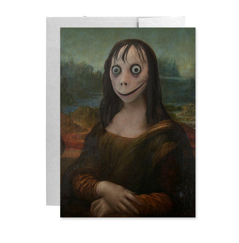 Momo Mona Lisa Blank Greeting Cards, 5x7 with Envelope-Folded greeting cards with blank interior. High quality, professional printing on fine cardstock with envelopes. Creepy weird funny momo meme creepypasta fine art memes Da Vinci painting bizarre scary halloween haunted house portrait joke viral challenge disturbing face bird woman invitation birthday thinking of you-5x7"-1 Card-