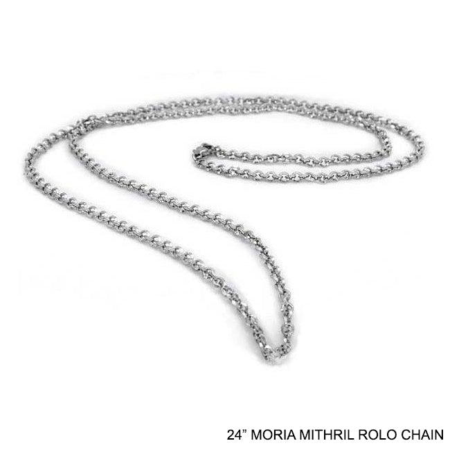 Lord of the Rings MORIA MITHRIL Rolo Chain, 24in, Officially Licensed-Mithril, a fictional ore, was the most prized metal in Middle-earth. The Moria Mithril Rolo Chain is officially licensed Lord of the Rings replica jewelry made in the USA. This 24" chain is skillfully crafted in gleaming titanium, the closest Earthly metal to Mithril. Brand new in pouch with card of authenticity LOTR-