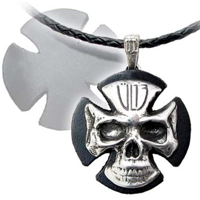 Alchemy Gothic UL13 Mortem ID Necklace - ULP25 - Retired, Hard to Find-Rare and retired 'Mortem I.D.' pendant necklace. Handcrafted in the UK, A detailed Fine English Pewter skull and bale on black leather iron cross. Supplied on a plaited black leather cord necklace. Genuine Alchemy Gothic jewelry - Brand New with Alchemy Lifetime Guarantee. Ships from the USA. HTF Goth Gothic Biker -
