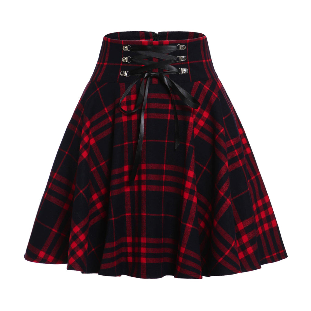 Kenicke Retro High-Waist Gothic A-Line Tartan Skirt, Red Black Plaid -
