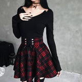 Kenicke Retro High-Waist Gothic A-Line Tartan Skirt, Red Black Plaid -Red and Black-S-