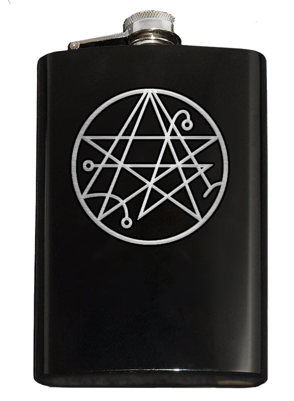 Necronomicon Sigil Engraved 8oz Hip Flask, Stainless Steel Many Colors-Brand New 8oz Flask with Engraved Necronomicon SIgil 8oz Stainless Steel Flask with easy closure screw cap lid. Measures 5.5" tall and 3.75" wide and holds eight shots. Available in your choice of color with optional funnel or gift box with funnel and cups. Ships from the USA Lovecraft Cthulhu -Black-Just the Flask-