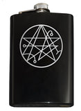 Necronomicon Sigil Engraved 8oz Hip Flask, Stainless Steel Many Colors-Brand New 8oz Flask with Engraved Necronomicon SIgil 8oz Stainless Steel Flask with easy closure screw cap lid. Measures 5.5" tall and 3.75" wide and holds eight shots. Available in your choice of color with optional funnel or gift box with funnel and cups. Ships from the USA Lovecraft Cthulhu -Black-Just the Flask-