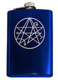 Necronomicon Sigil Engraved 8oz Hip Flask, Stainless Steel Many Colors-Brand New 8oz Flask with Engraved Necronomicon SIgil 8oz Stainless Steel Flask with easy closure screw cap lid. Measures 5.5" tall and 3.75" wide and holds eight shots. Available in your choice of color with optional funnel or gift box with funnel and cups. Ships from the USA Lovecraft Cthulhu -Blue-Just the Flask-