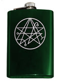 Necronomicon Sigil Engraved 8oz Hip Flask, Stainless Steel Many Colors-Brand New 8oz Flask with Engraved Necronomicon SIgil 8oz Stainless Steel Flask with easy closure screw cap lid. Measures 5.5" tall and 3.75" wide and holds eight shots. Available in your choice of color with optional funnel or gift box with funnel and cups. Ships from the USA Lovecraft Cthulhu -Green-Just the Flask-