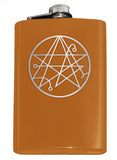 Necronomicon Sigil Engraved 8oz Hip Flask, Stainless Steel Many Colors-Brand New 8oz Flask with Engraved Necronomicon SIgil 8oz Stainless Steel Flask with easy closure screw cap lid. Measures 5.5" tall and 3.75" wide and holds eight shots. Available in your choice of color with optional funnel or gift box with funnel and cups. Ships from the USA Lovecraft Cthulhu -Orange-Just the Flask-
