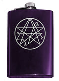 Necronomicon Sigil Engraved 8oz Hip Flask, Stainless Steel Many Colors-Brand New 8oz Flask with Engraved Necronomicon SIgil 8oz Stainless Steel Flask with easy closure screw cap lid. Measures 5.5" tall and 3.75" wide and holds eight shots. Available in your choice of color with optional funnel or gift box with funnel and cups. Ships from the USA Lovecraft Cthulhu -Purple-Just the Flask-